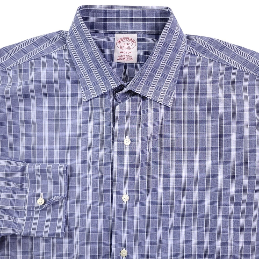 Brooks Brothers Dress Shirt 16 32 Madison Fit Non Iron Supima Glen Plaid Blue